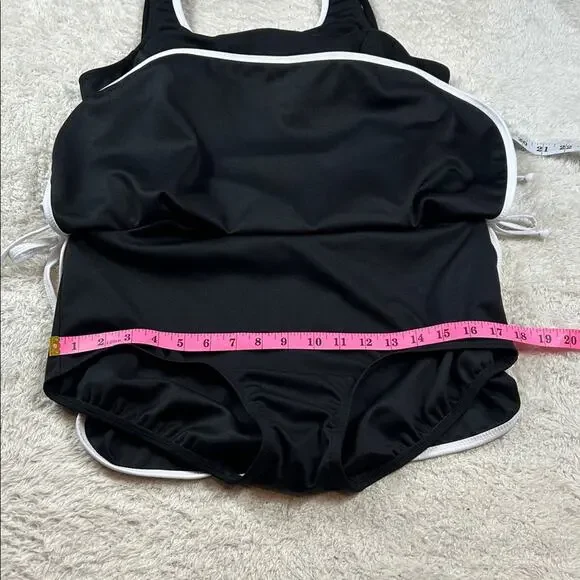 Vintage 90s does 60s T.H.E. black one piece swimsuit swim skirt, size 16 - Picture 5 of 8